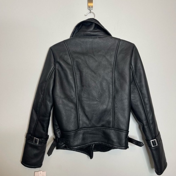 Avec Les Filles $198 Black Faux Leather Moto Shearling Jacket New - Picture 7 of 8